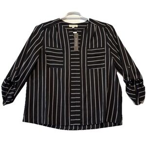 Monteau Black/White Striped 3/4 Roll Tab Sleeve‎ Blouse Women's Size XL